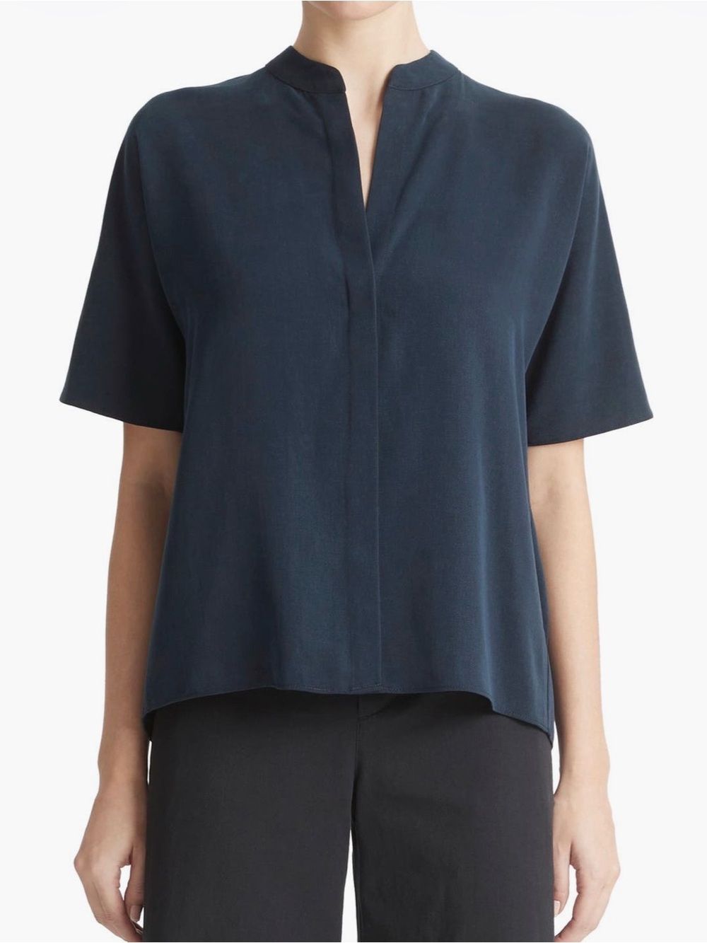 Vince Navy Short-Sleeve Split-Neck Blouse